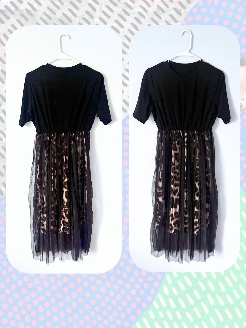 🎉DAZY Black Tulle Overlay Short Sleeve Leopard Print Midi Dress - Picture 4 of 16